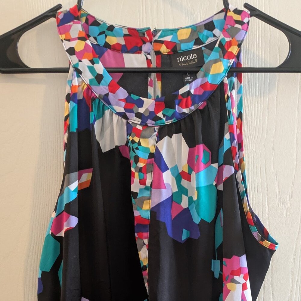 Nicole Miller Sleeveless Hi Low Colorful Swing Top Women Size Large w Problems